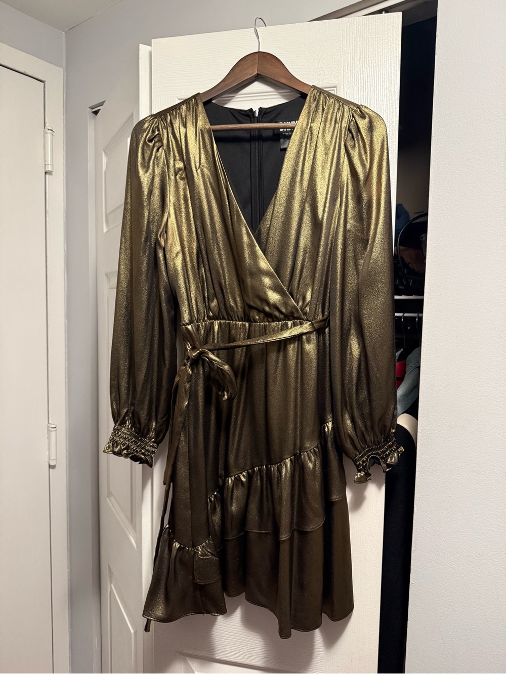 DKNY Metallic Olive-Gold Long Sleeve Wrap Dress